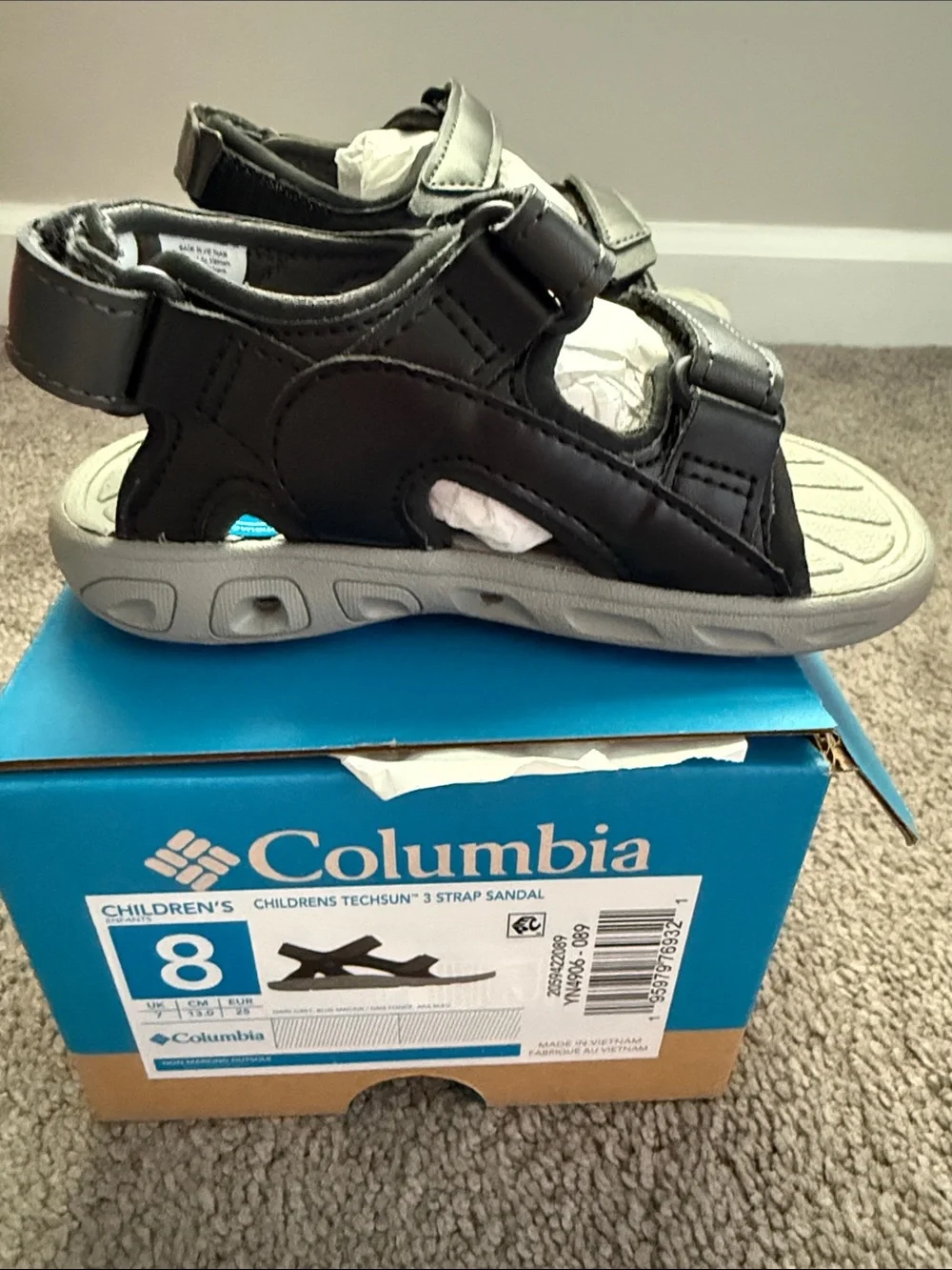 Columbia Kids Black and Light Gray Sport Sandals with Blue Accents